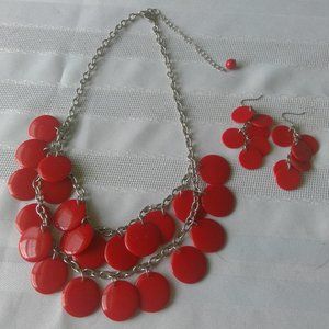 Vintage Necklace & Earrings, '80s Retro Red Dot